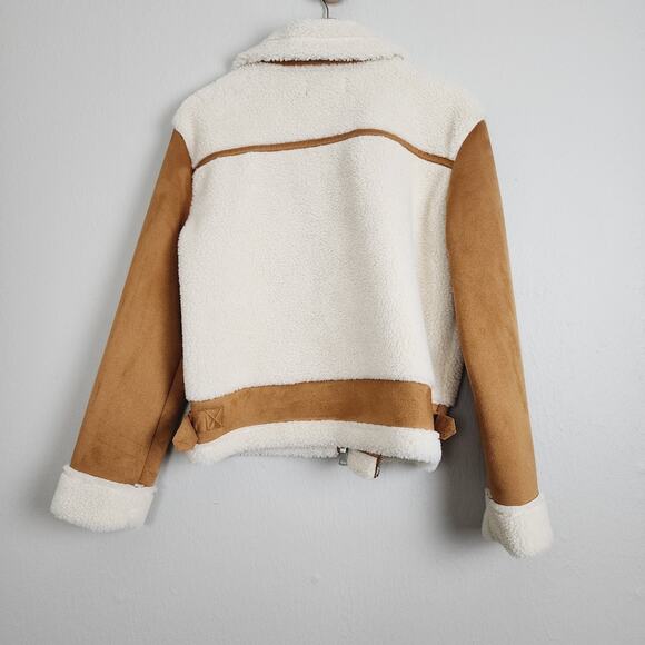 Love Tree Tan Faux Suede Sherpa Moto Jacket Aviator Biker Coat Camel Brown Large - Picture 9 of 11